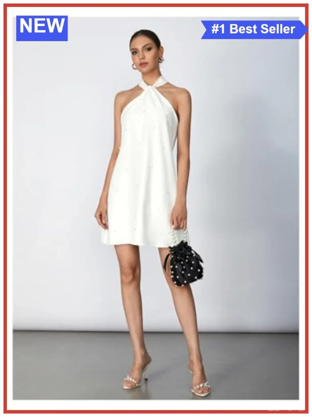 Floerns Pearl Beaded Halter Tie Back Sleeveless A-line Midi Dress